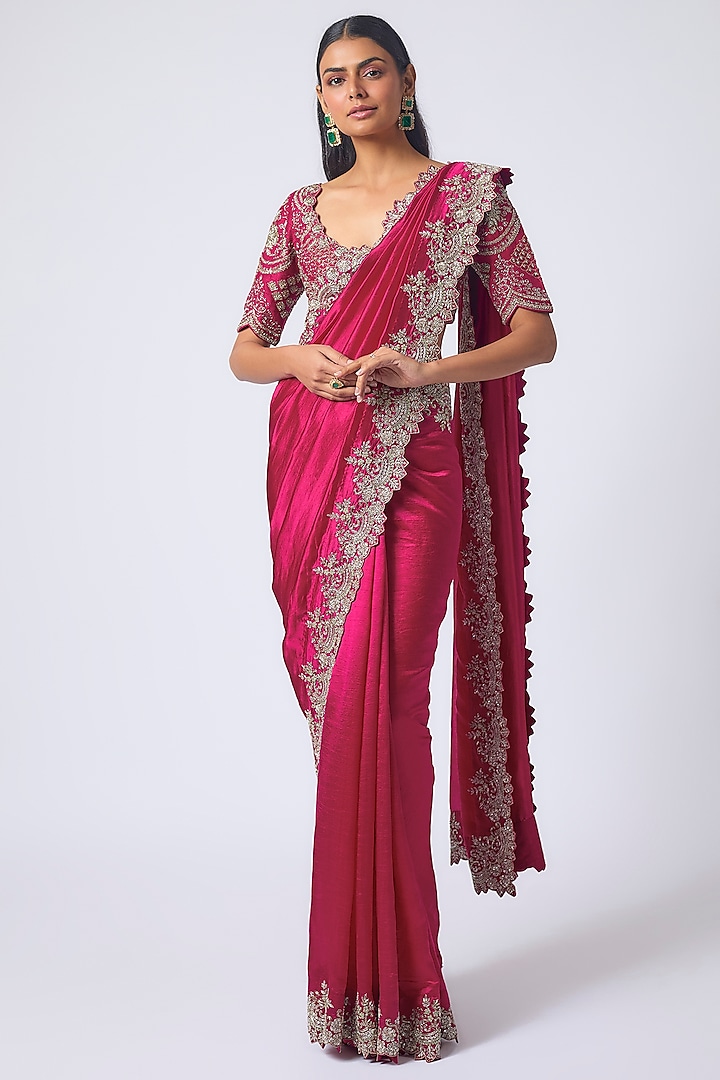 Pink Silk Zardosi Embroidered Reception Saree Set by Jayanti Reddy at Pernia's Pop Up Shop