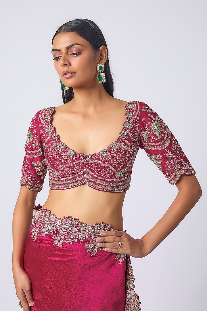 Pink Silk Zardosi Embroidered Bridal Saree Set by Jayanti Reddy at Pernia's Pop Up Shop