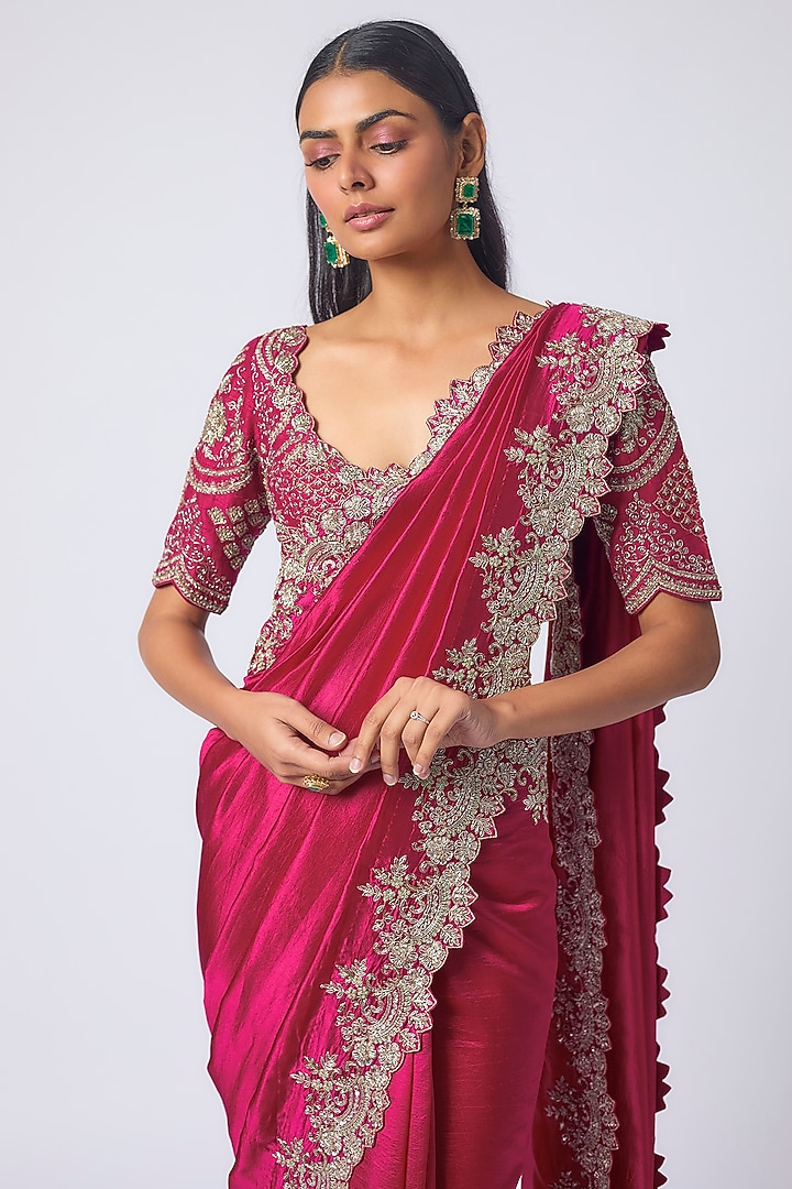 Pink Silk Zardosi Embroidered Bridal Saree Set by Jayanti Reddy at Pernia's Pop Up Shop