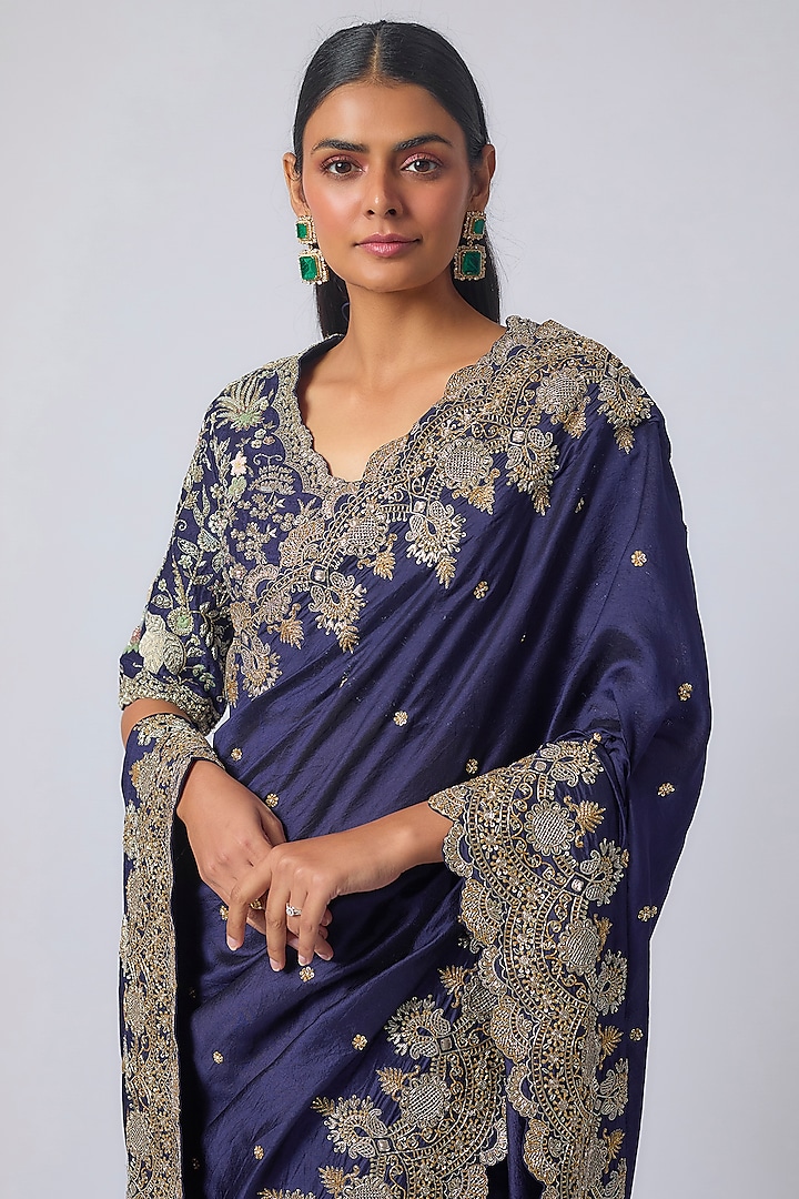 Purple Silk Zardosi Embroidered Bridal Saree Set by Jayanti Reddy at Pernia's Pop Up Shop