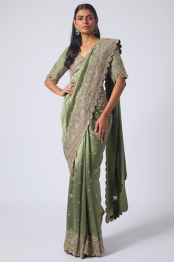 Mint Green Silk Zardosi Embroidered Bridal Saree Set by Jayanti Reddy at Pernia's Pop Up Shop