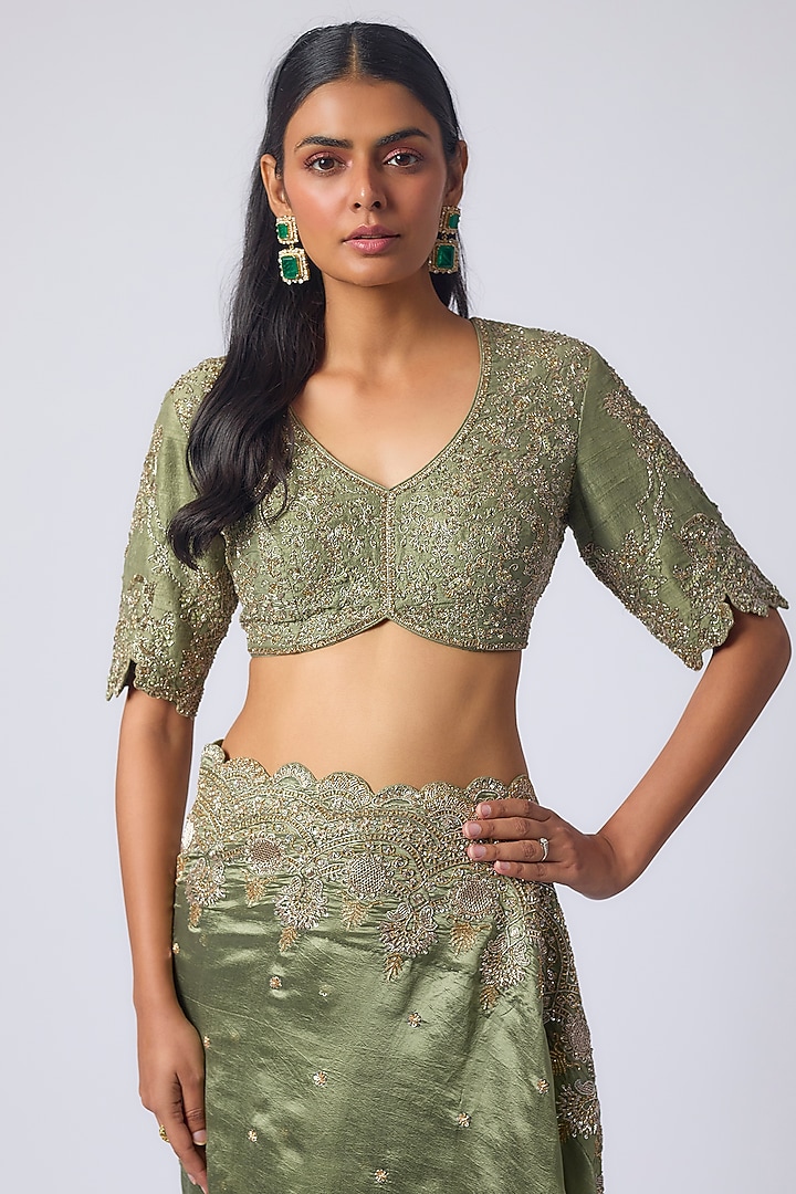 Mint Green Silk Zardosi Embroidered Bridal Saree Set by Jayanti Reddy at Pernia's Pop Up Shop