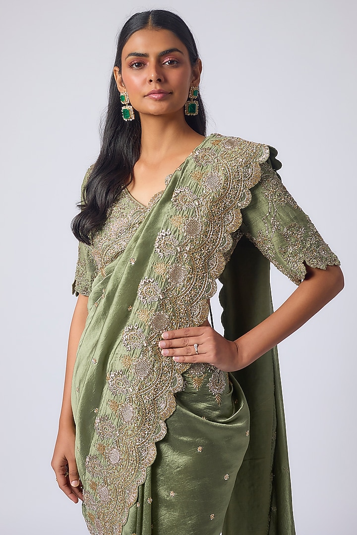 Mint Green Silk Zardosi Embroidered Bridal Saree Set by Jayanti Reddy at Pernia's Pop Up Shop