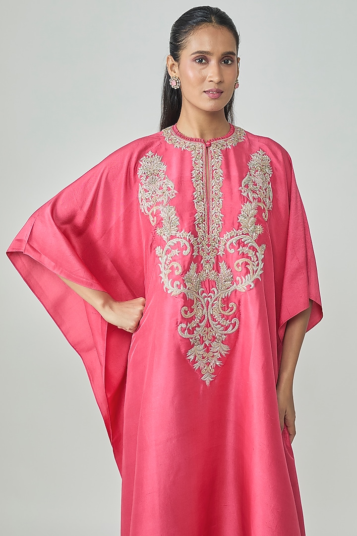 Coral Pink Silk Aari Work Kaftan by Jayanti Reddy at Pernia's Pop Up Shop