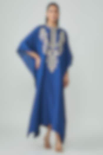 Blue Silk Aari Work Kaftan by Jayanti Reddy at Pernia's Pop Up Shop