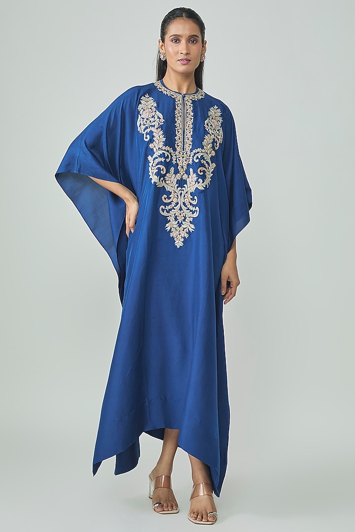 Blue Silk Aari Work Kaftan by Jayanti Reddy at Pernia's Pop Up Shop
