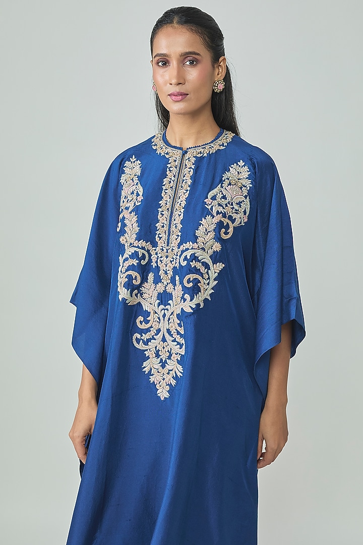 Blue Silk Aari Work Kaftan by Jayanti Reddy at Pernia's Pop Up Shop