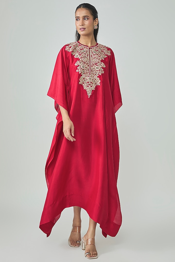 Red Silk Aari Work Kaftan by Jayanti Reddy at Pernia's Pop Up Shop