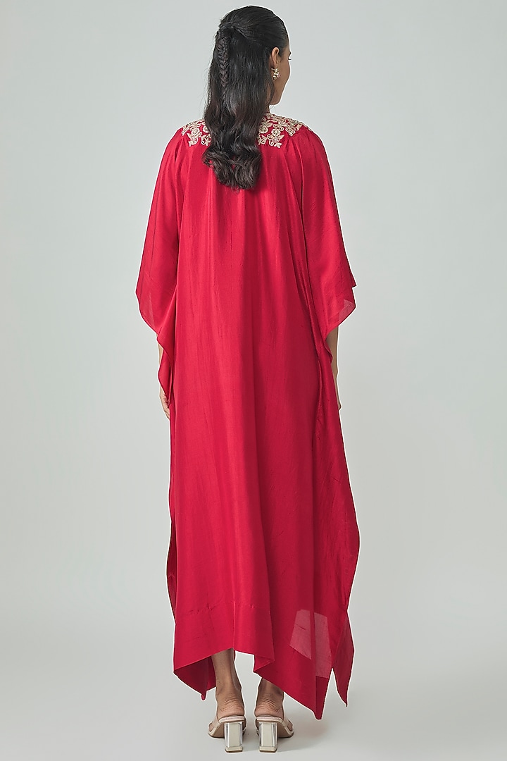 Red Silk Aari Work Kaftan by Jayanti Reddy at Pernia's Pop Up Shop