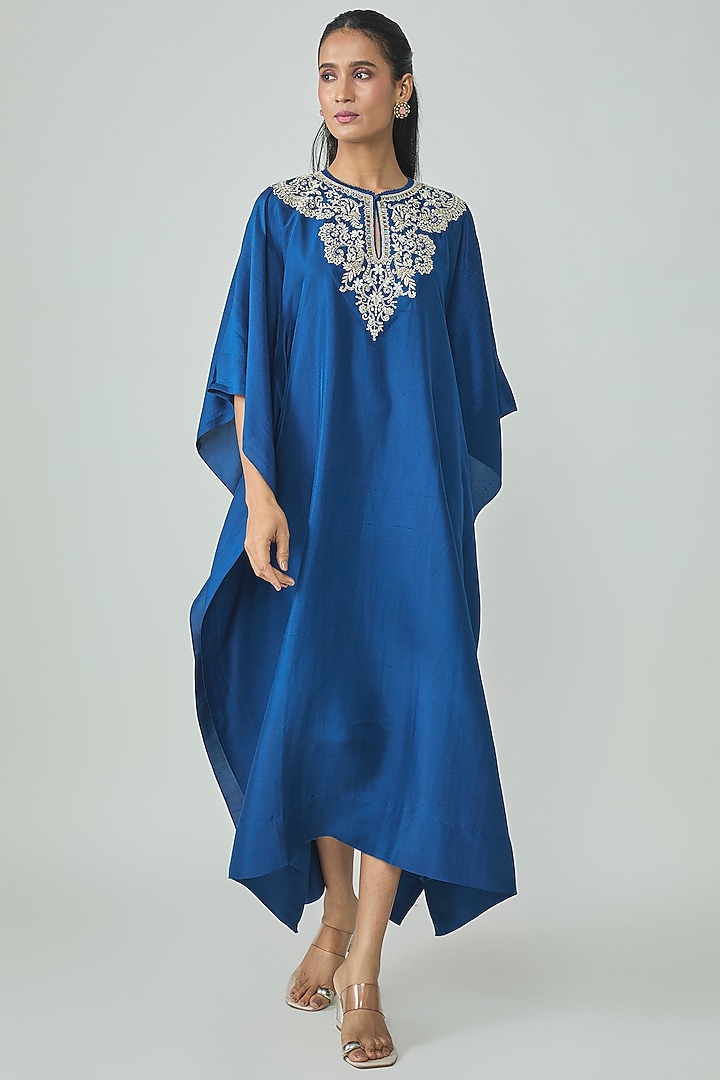 Blue Silk Zardosi Work Kaftan by Jayanti Reddy at Pernia's Pop Up Shop