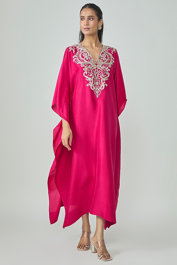 Pink Silk Zardosi Work Kaftan by Jayanti Reddy at Pernia's Pop Up Shop