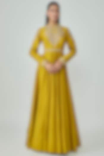 Golden Yellow Silk Zardosi Work Wedding Anarkali by Jayanti Reddy at Pernia's Pop Up Shop