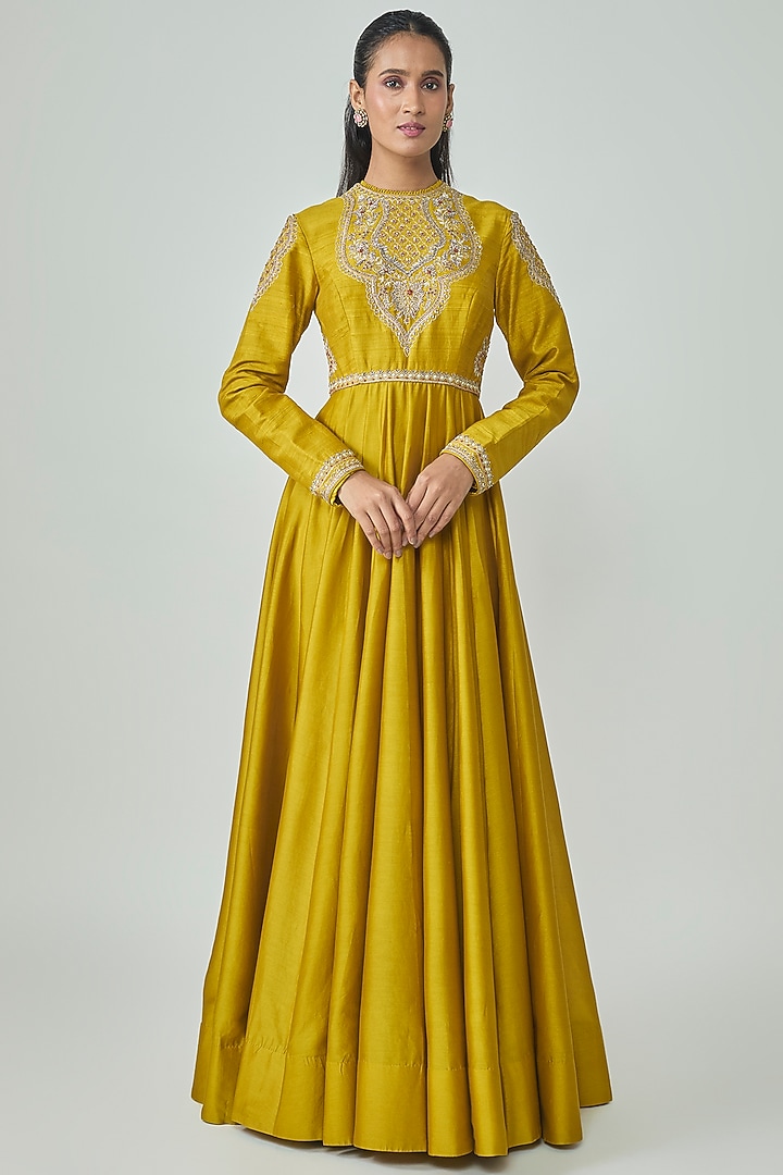 Golden Yellow Silk Zardosi Work Wedding Anarkali by Jayanti Reddy at Pernia's Pop Up Shop