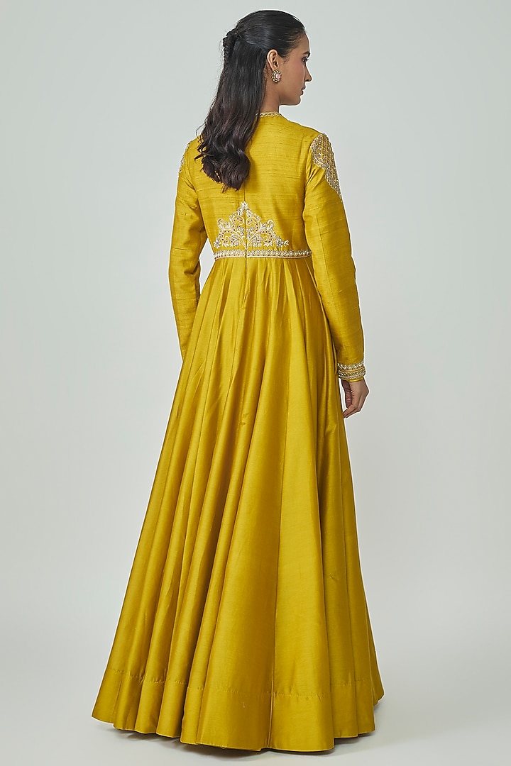 Golden Yellow Silk Zardosi Work Wedding Anarkali by Jayanti Reddy at Pernia's Pop Up Shop