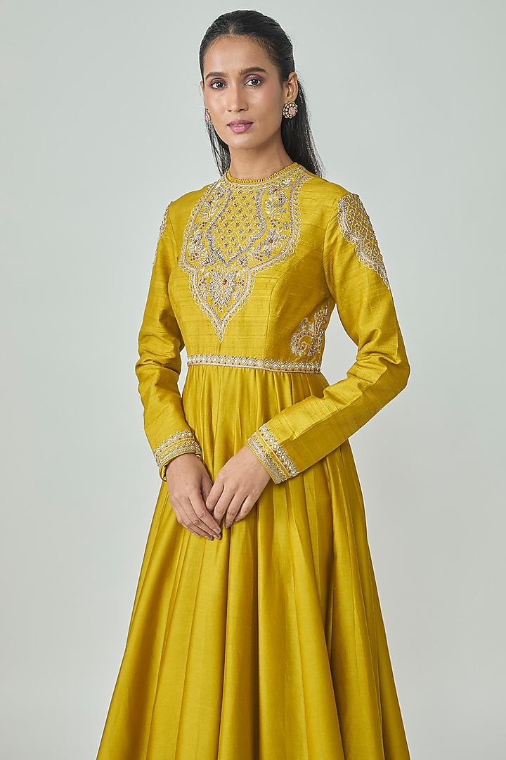 Golden Yellow Silk Zardosi Work Wedding Anarkali by Jayanti Reddy at Pernia's Pop Up Shop