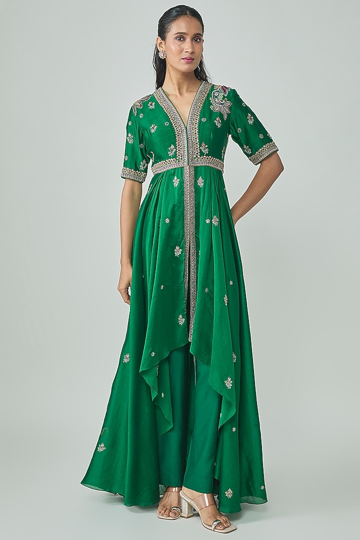 Bottle Green Silk Zardosi Work Bridal Anarkali Set by Jayanti Reddy at Pernia's Pop Up Shop