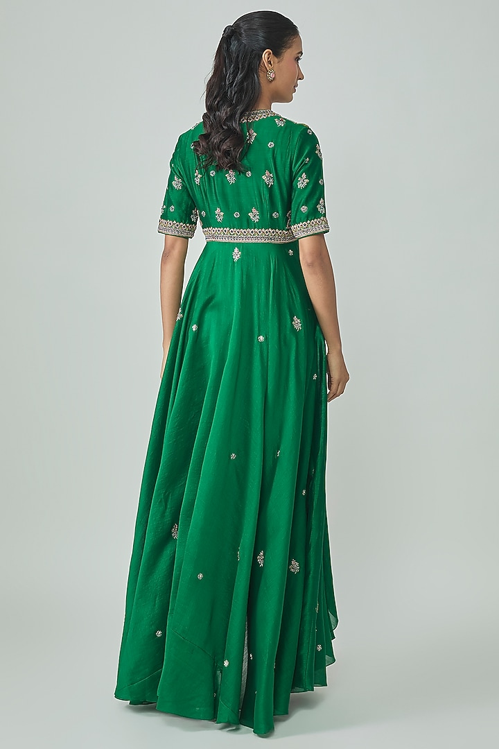 Bottle Green Silk Zardosi Work Bridal Anarkali Set by Jayanti Reddy at Pernia's Pop Up Shop