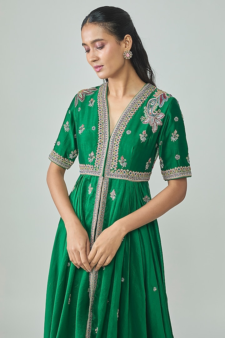 Bottle Green Silk Zardosi Work Bridal Anarkali Set by Jayanti Reddy at Pernia's Pop Up Shop