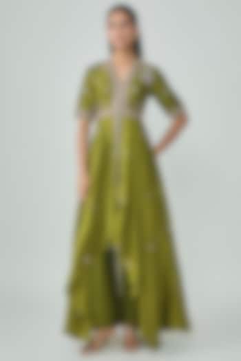 Olive Green Silk Zardosi Work Bridal Anarkali Set by Jayanti Reddy at Pernia's Pop Up Shop