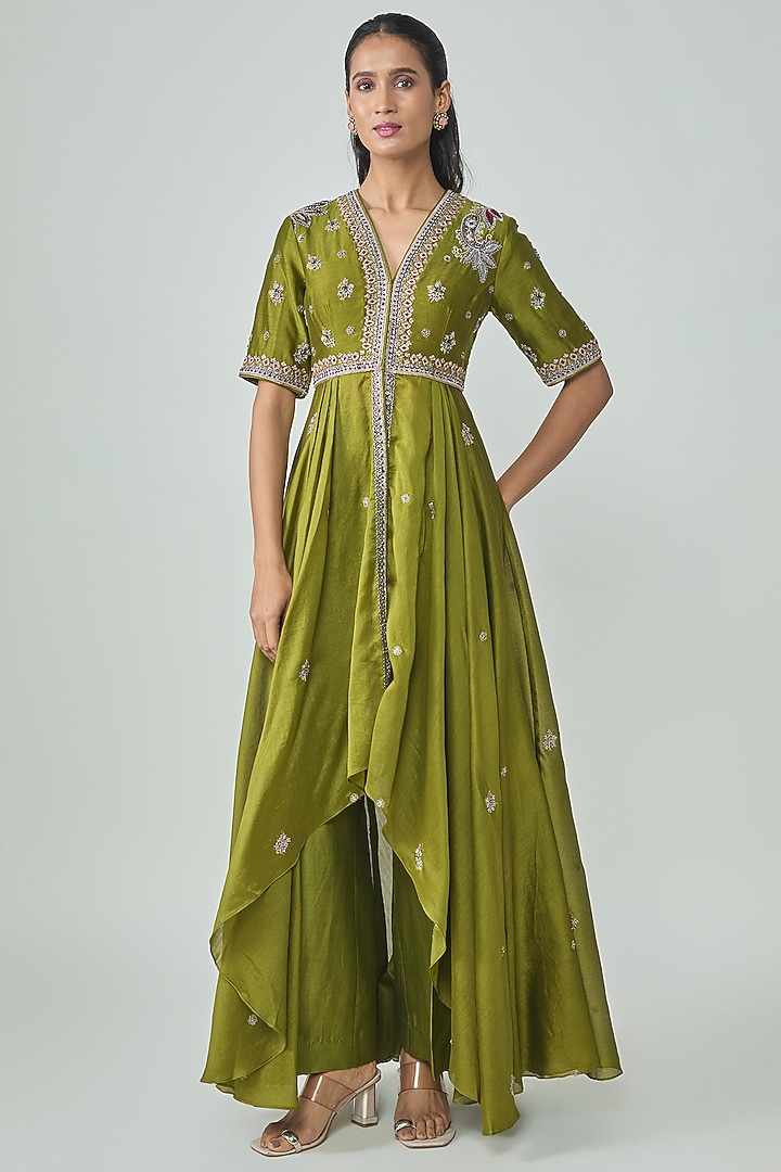 Olive Green Silk Zardosi Work Bridal Anarkali Set by Jayanti Reddy at Pernia's Pop Up Shop