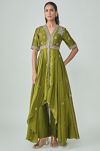 Olive Green Silk Zardosi Work Anarkali Set by jayanti reddy