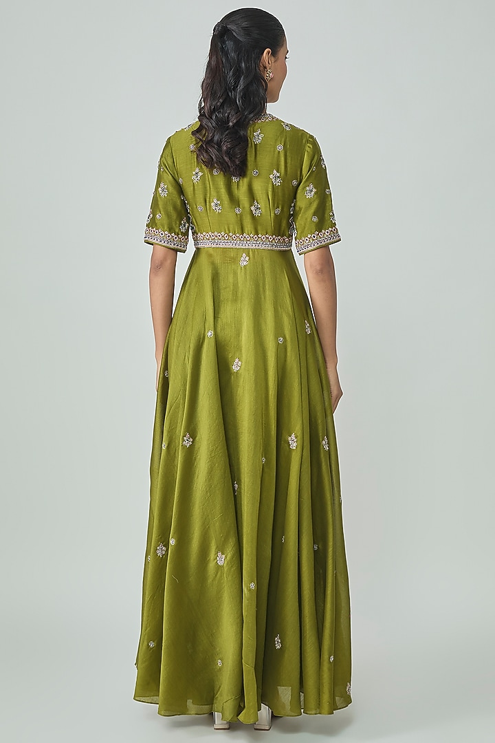 Olive Green Silk Zardosi Work Bridal Anarkali Set by Jayanti Reddy at Pernia's Pop Up Shop
