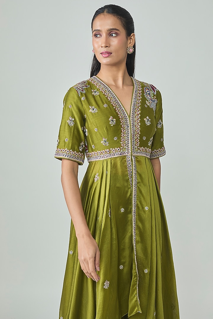 Olive Green Silk Zardosi Work Bridal Anarkali Set by Jayanti Reddy at Pernia's Pop Up Shop