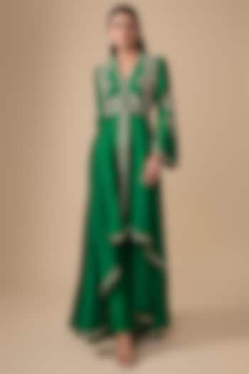Bottle Green Silk Zardosi Embroidered High-Low Bridal Anarkali Set by Jayanti Reddy at Pernia's Pop Up Shop