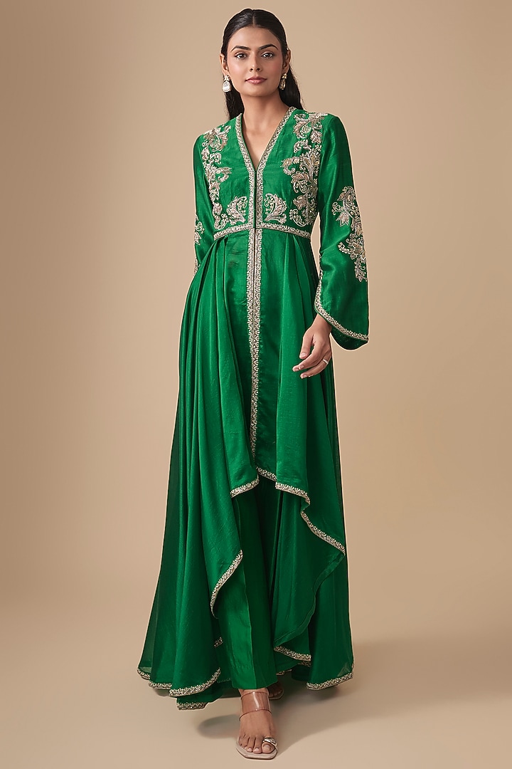 Bottle Green Silk Zardosi Embroidered High-Low Bridal Anarkali Set by Jayanti Reddy at Pernia's Pop Up Shop