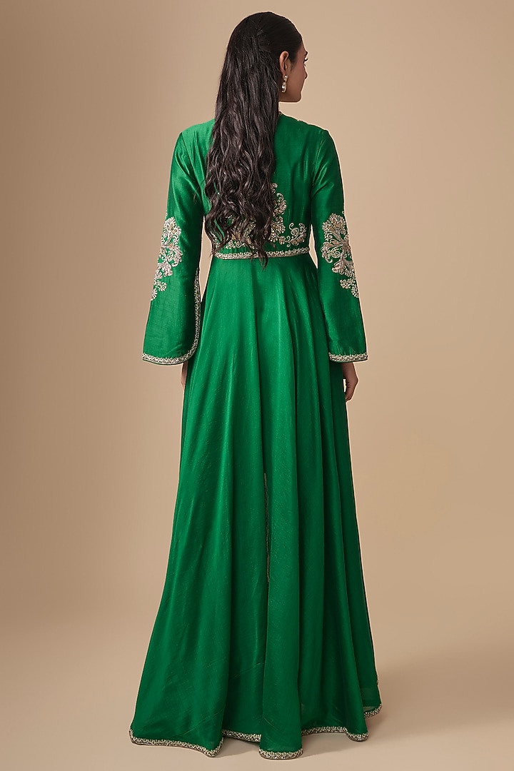 Bottle Green Silk Zardosi Embroidered High-Low Bridal Anarkali Set by Jayanti Reddy at Pernia's Pop Up Shop