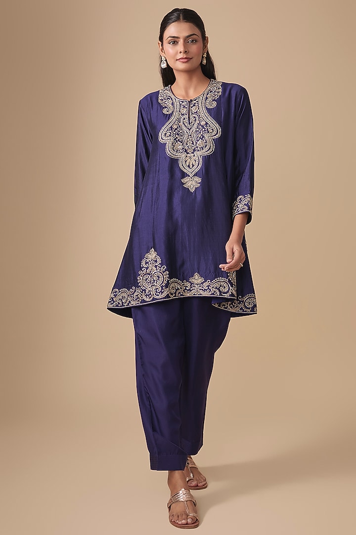 Purple Silk Zardosi Embroidered Tunic Set by Jayanti Reddy at Pernia's Pop Up Shop