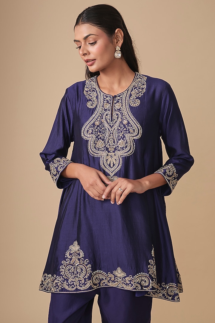 Purple Silk Zardosi Embroidered Tunic Set by Jayanti Reddy at Pernia's Pop Up Shop