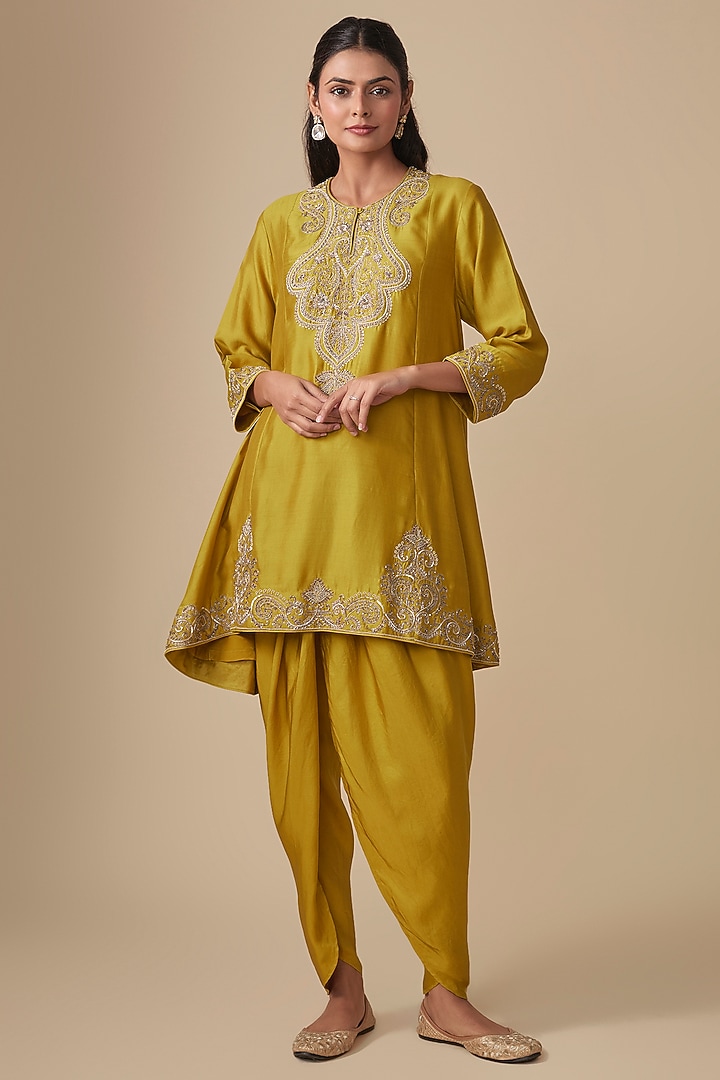 Golden Yellow Silk Zardosi Embroidered Tunic Set by Jayanti Reddy at Pernia's Pop Up Shop