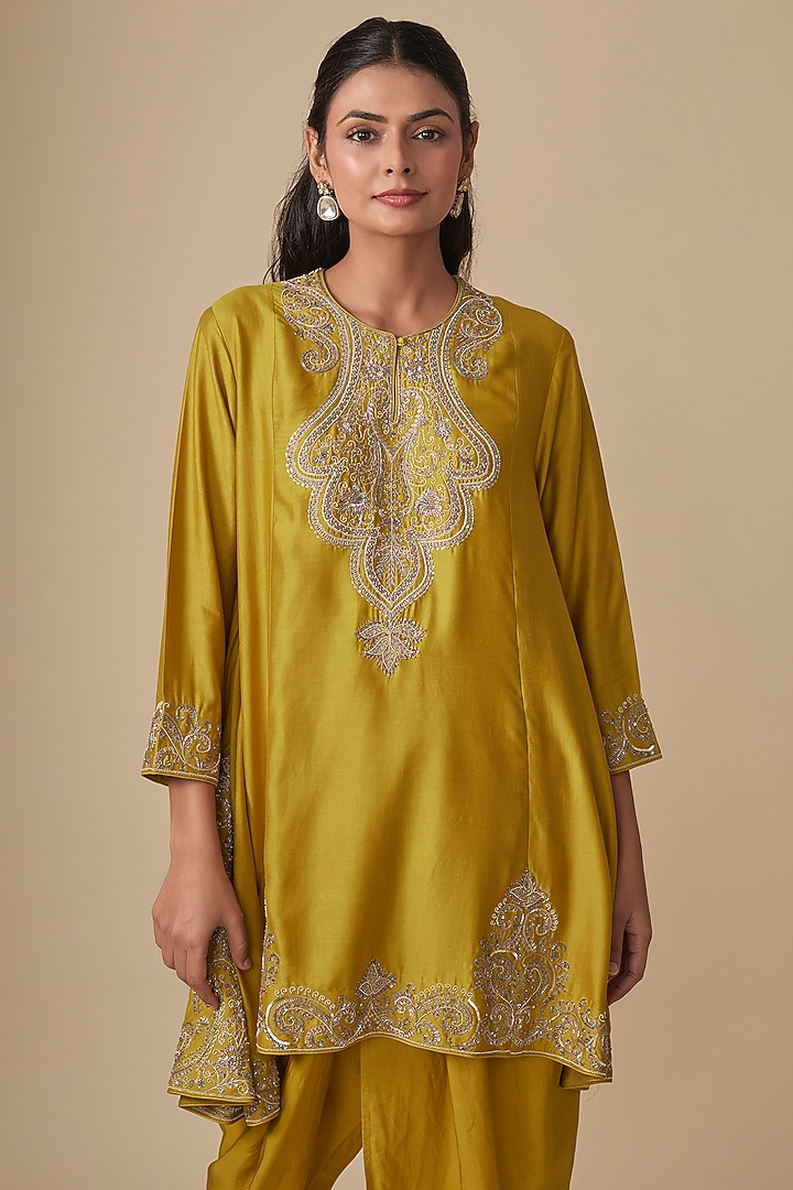 Golden Yellow Silk Zardosi Embroidered Tunic Set by Jayanti Reddy at Pernia's Pop Up Shop
