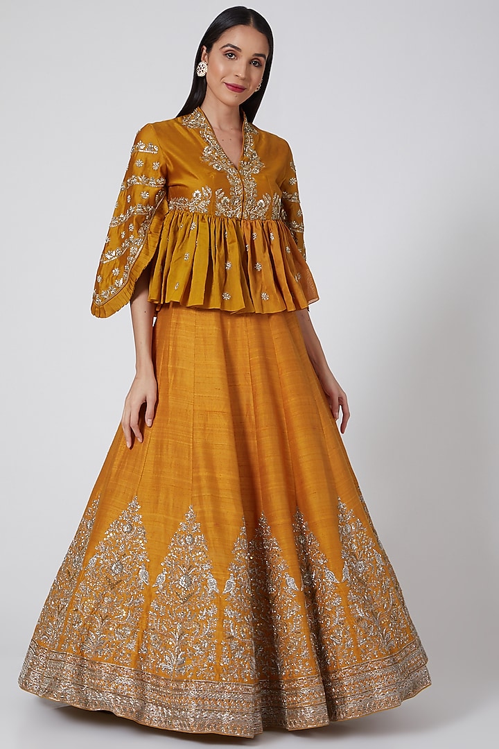 Yellow Embroidered Peplum Top by Jayanti Reddy