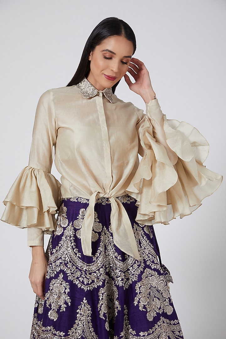 Beige Embroidered Shirt by Jayanti Reddy at Pernia's Pop Up Shop