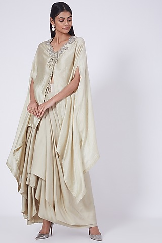 Beige Twill Cowl Skirt Set by Jayanti Reddy