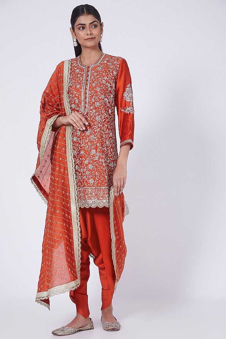 Orange Zardosi Embroidered Short Tunic Set by Jayanti Reddy at Pernia's Pop Up Shop