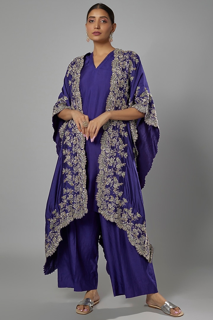 Navy Blue Silk Embroidered Cape Set by Jayanti Reddy at Pernia's Pop Up Shop