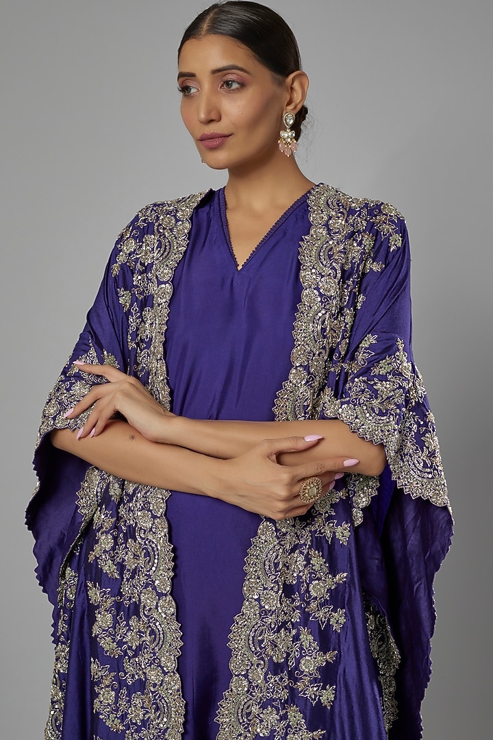 Navy Blue Silk Embroidered Cape Set by Jayanti Reddy at Pernia's Pop Up Shop