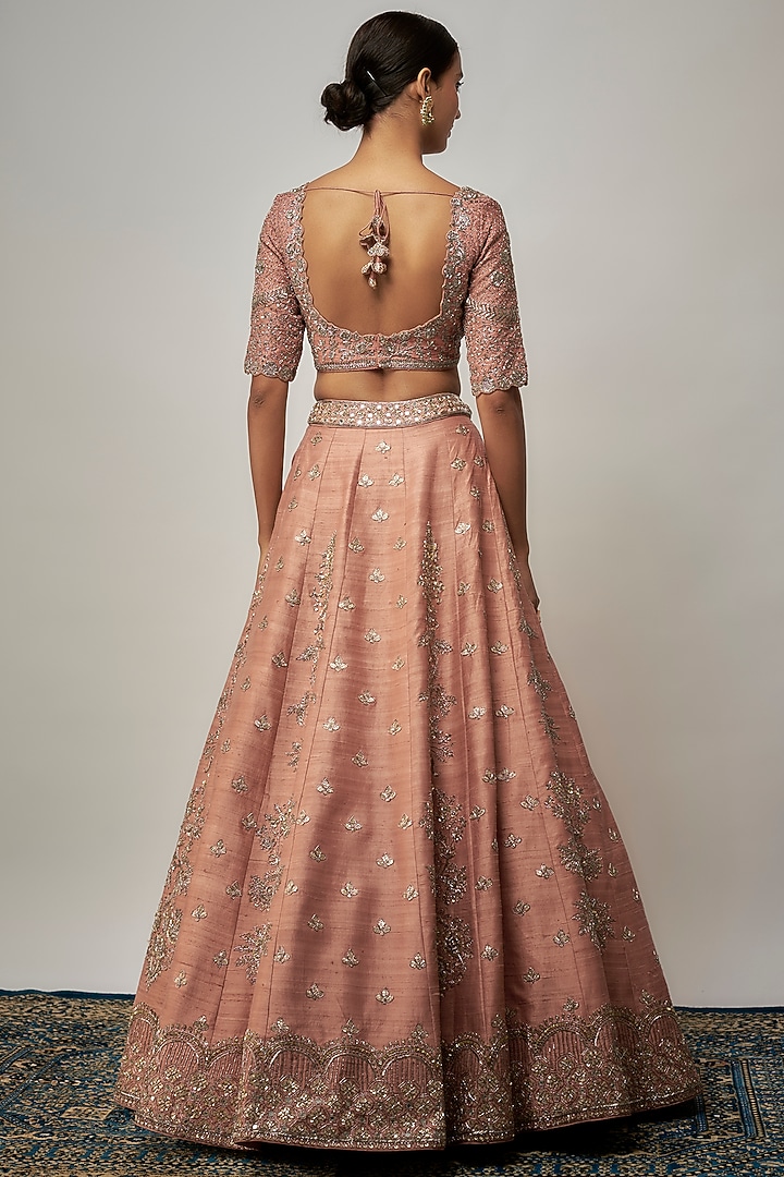 Peach Raw Silk Zardosi Embroidered Bridal Lehenga Set by Jayanti Reddy at Pernia's Pop Up Shop
