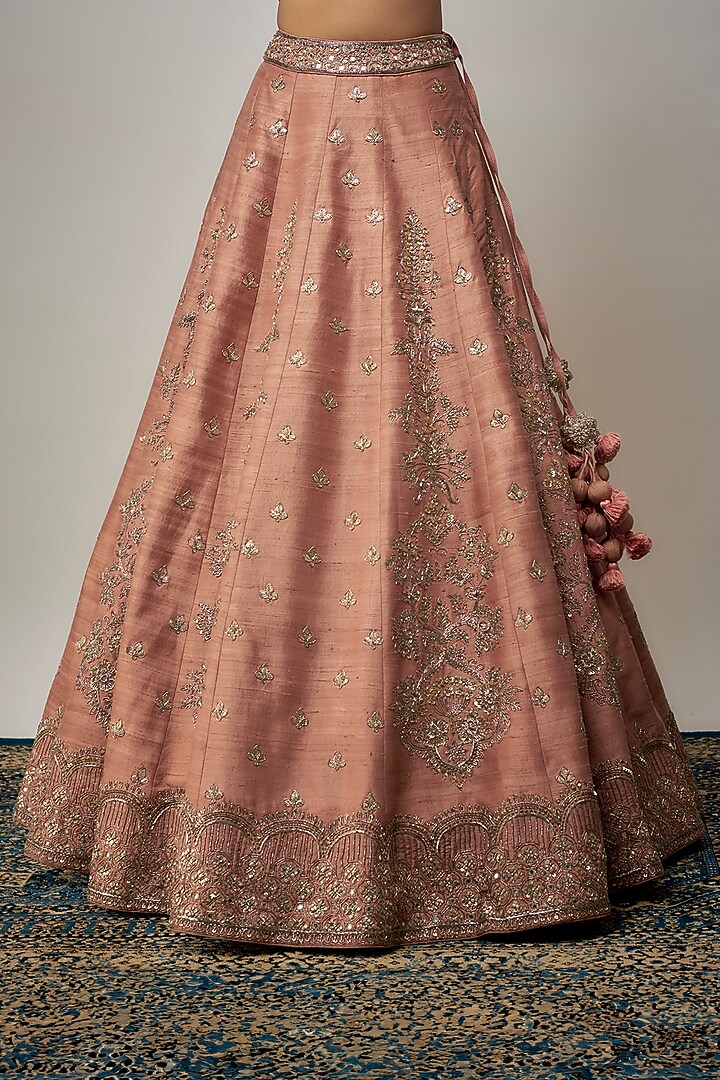 Peach Raw Silk Zardosi Embroidered Bridal Lehenga Set by Jayanti Reddy at Pernia's Pop Up Shop