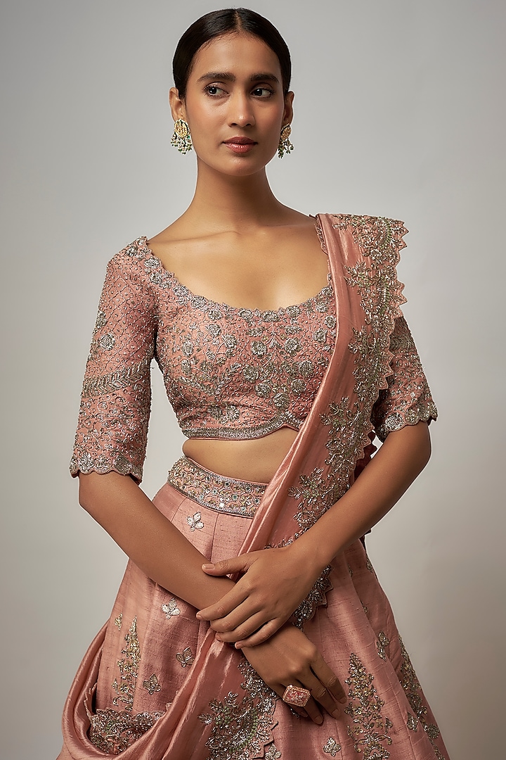 Peach Raw Silk Zardosi Embroidered Bridal Lehenga Set by Jayanti Reddy at Pernia's Pop Up Shop