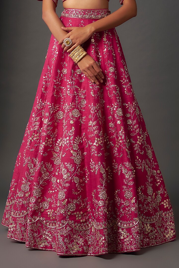 Rani Pink Raw Silk Zardosi Embroidered Bridal Lehenga Set by Jayanti Reddy at Pernia's Pop Up Shop