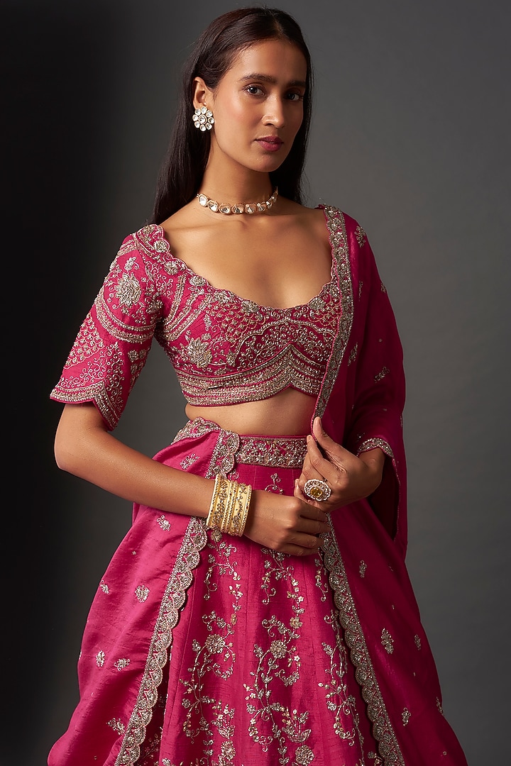 Rani Pink Raw Silk Zardosi Embroidered Bridal Lehenga Set by Jayanti Reddy at Pernia's Pop Up Shop
