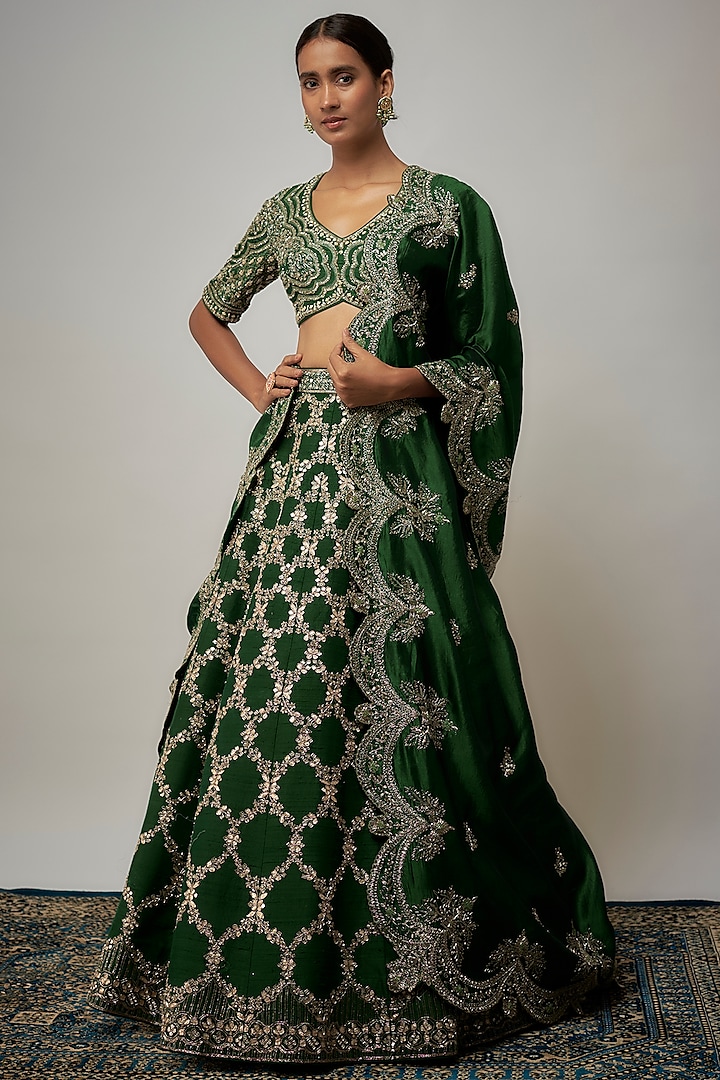Green Raw Silk Zardosi Embroidered Bridal lehenga for 22 Lehenga Set by Jayanti Reddy at Pernia's Pop Up Shop
