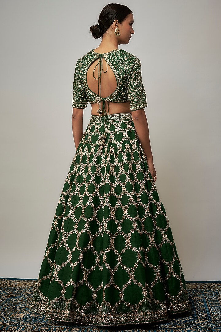 Green Raw Silk Zardosi Embroidered Bridal Lehenga Set by Jayanti Reddy at Pernia's Pop Up Shop
