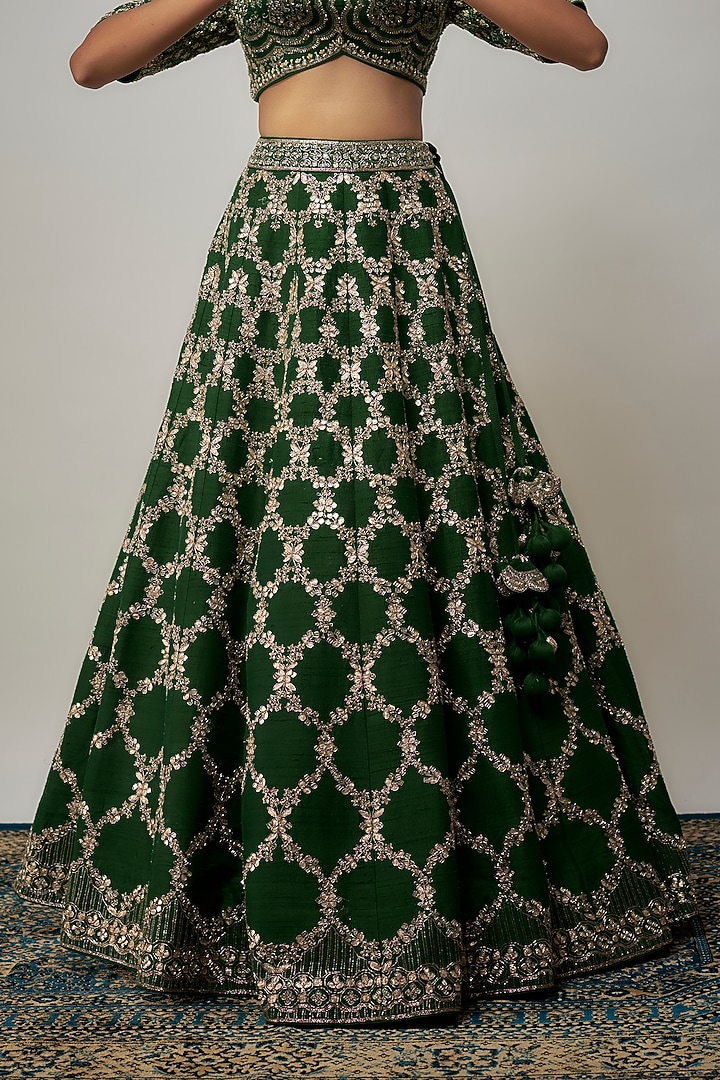 Green Raw Silk Zardosi Embroidered Bridal Lehenga Set by Jayanti Reddy at Pernia's Pop Up Shop