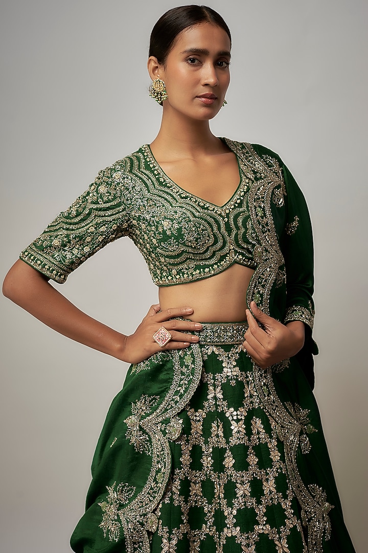 Green Raw Silk Zardosi Embroidered Bridal Lehenga Set by Jayanti Reddy at Pernia's Pop Up Shop