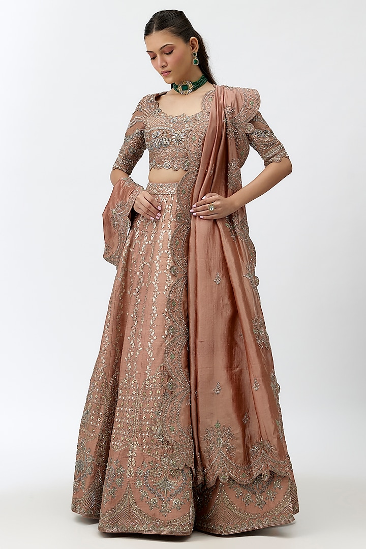 Peach Raw Silk Zardosi Embroidered Bridal Lehenga Set by Jayanti Reddy at Pernia's Pop Up Shop